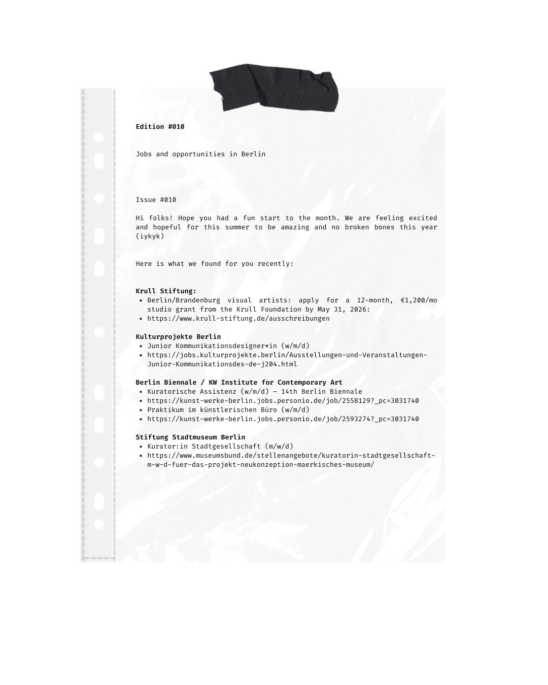 KLTR Berlin Newsletter Edition 010 featuring Berlin art jobs, museum and curatorial roles, studio grants, Krull Stiftung, Kulturprojekte Berlin, Berlin Biennale, and residencies