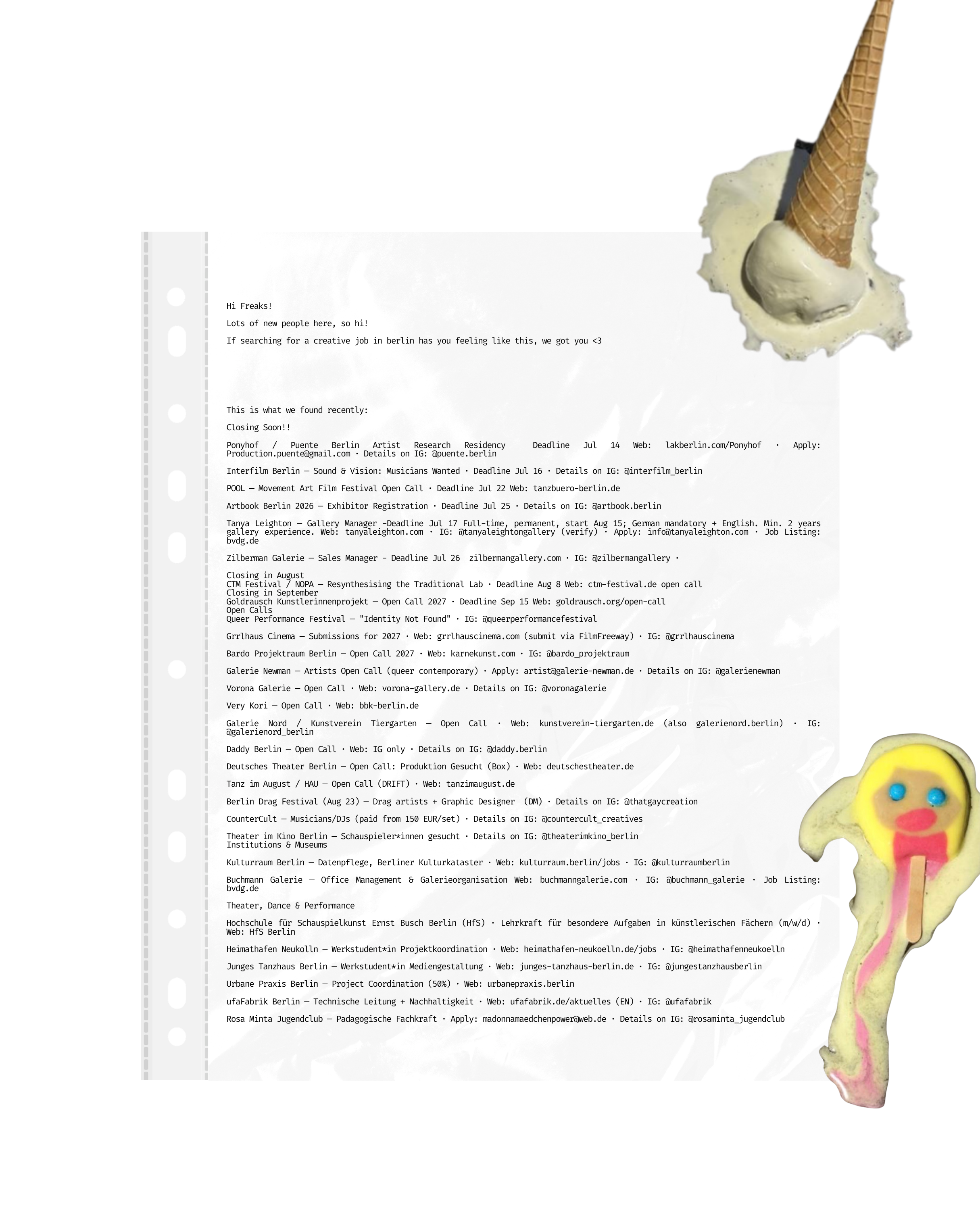 KLTR Berlin Newsletter Edition 012 featuring Berlin art jobs, gallery roles, performance opportunities, residencies, open calls, Tanya Leighton, Zilberman Galerie, Ballhaus Naunynstrasse, Sony Music, and CTM Festival