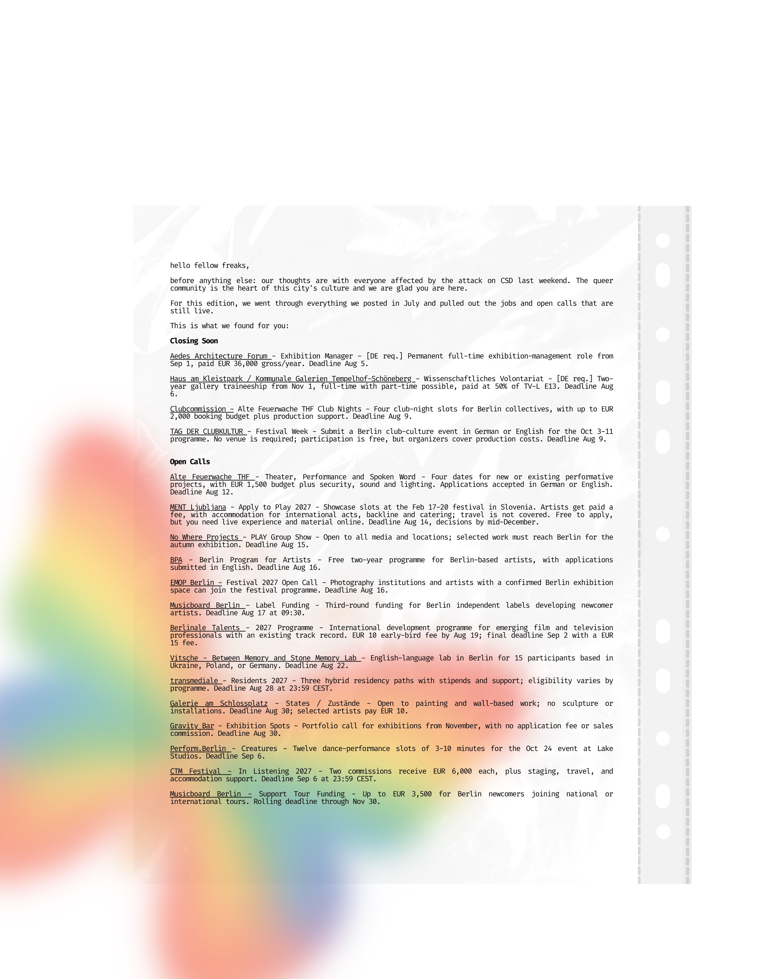 KLTR Berlin Newsletter Edition 013 featuring Berlin art and culture jobs, paid open calls, gallery and museum roles, music opportunities, and performing arts positions