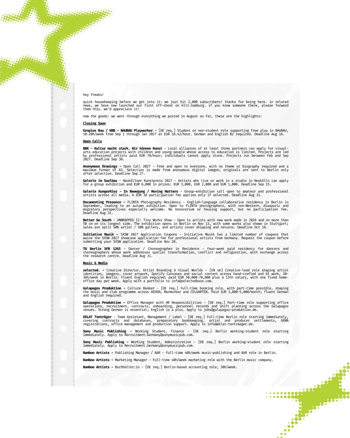 KLTR Berlin Newsletter Edition 014 featuring August 2026 art and culture jobs, paid open calls, music and media roles, venue positions, museums, and performing arts opportunities